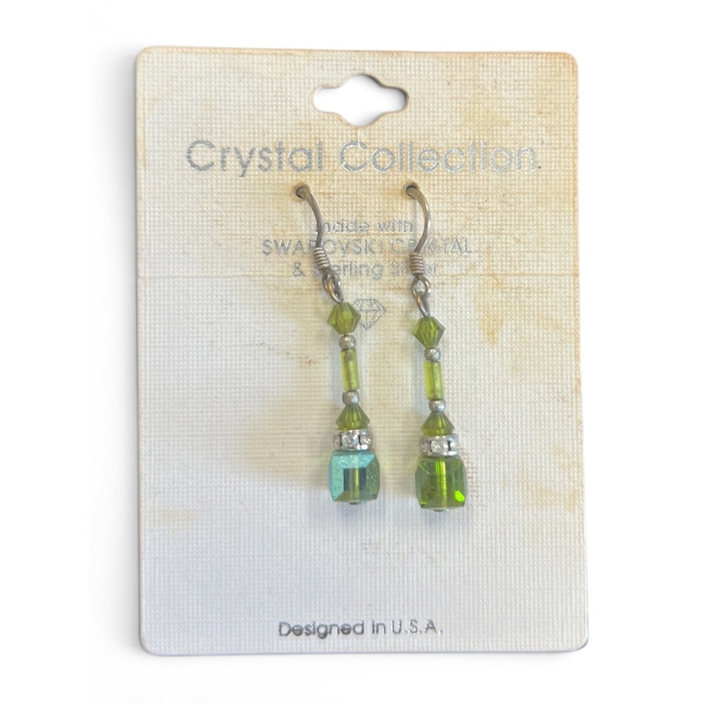 Vintage Swarovski Crystal Sterling Silver Green Drop Dangle Earrings USA Design